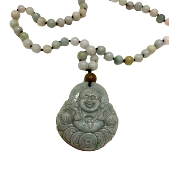 Sj Pearl Laughing Buddha Pendant Real Jade Necklace Adjustable Length Nwot